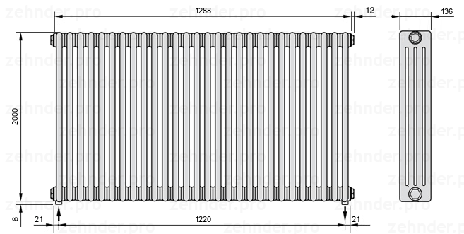 Схема (чертеж) Радиатор Zehnder Charleston 4200/28 №3570 Белый глянцевый RAL 9016